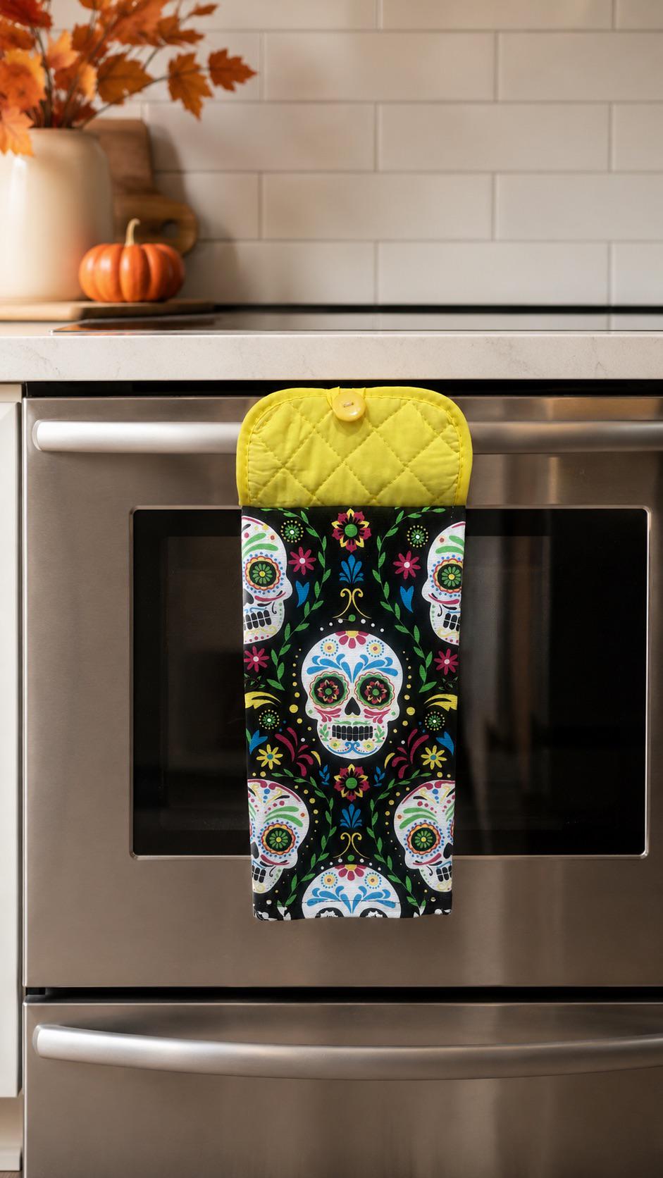 Sugar Skull Hanging Kitchen Towel, Day of the Dead Dish Towel, Colorful Halloween Oven Door Decor, Button Top Kitchen Gift