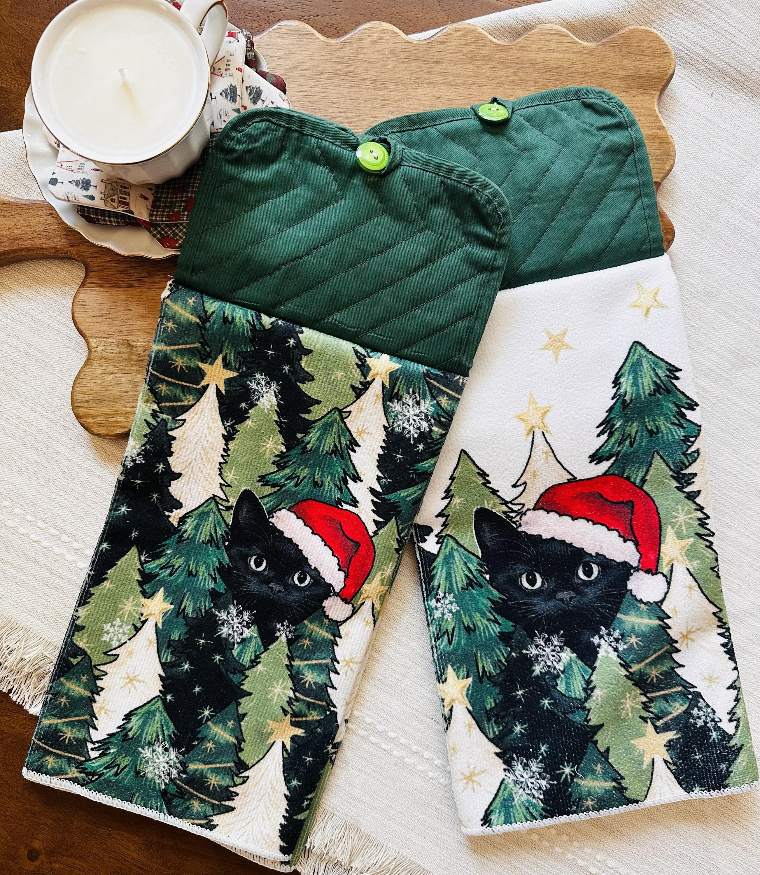 Black Cat Christmas Hanging Towels, Santa Cat Oven Towels, Handmade Holiday Kitchen Décor, Cat Lover Christmas Gift - Single or Set