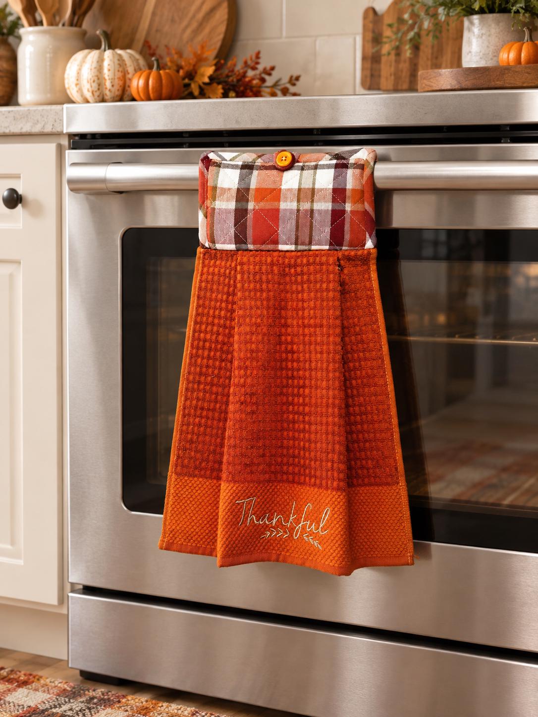 Thankful Hanging Kitchen Towel, Orange Thanksgiving Oven Towel, Handmade Fall Kitchen Décor, Button Top Dish Towel, Hostess Gift