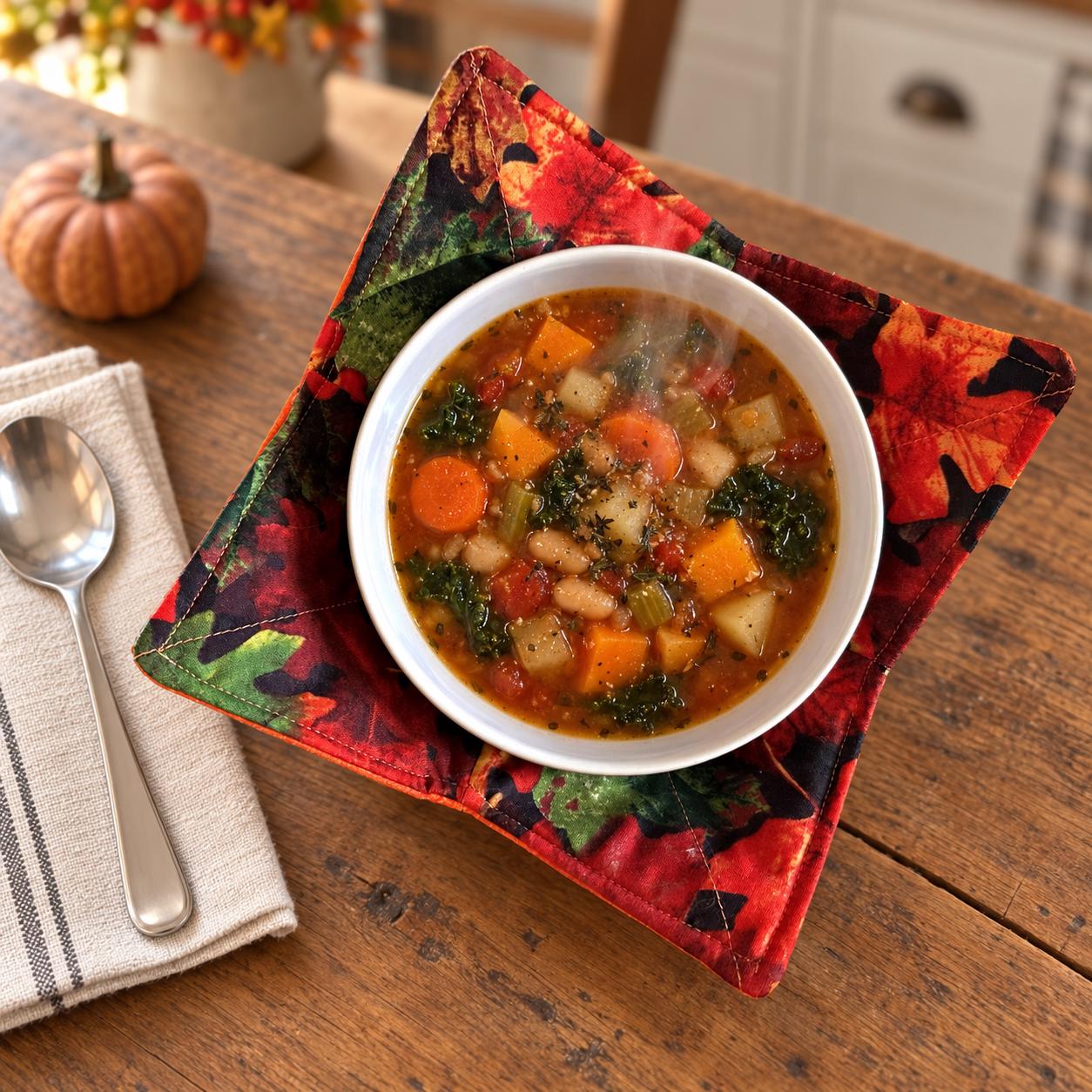 Reversible Fall Leaf Microwave Bowl Cozy, Orange Cotton Bowl Holder, Autumn Kitchen Décor, Thanksgiving Hostess Gift