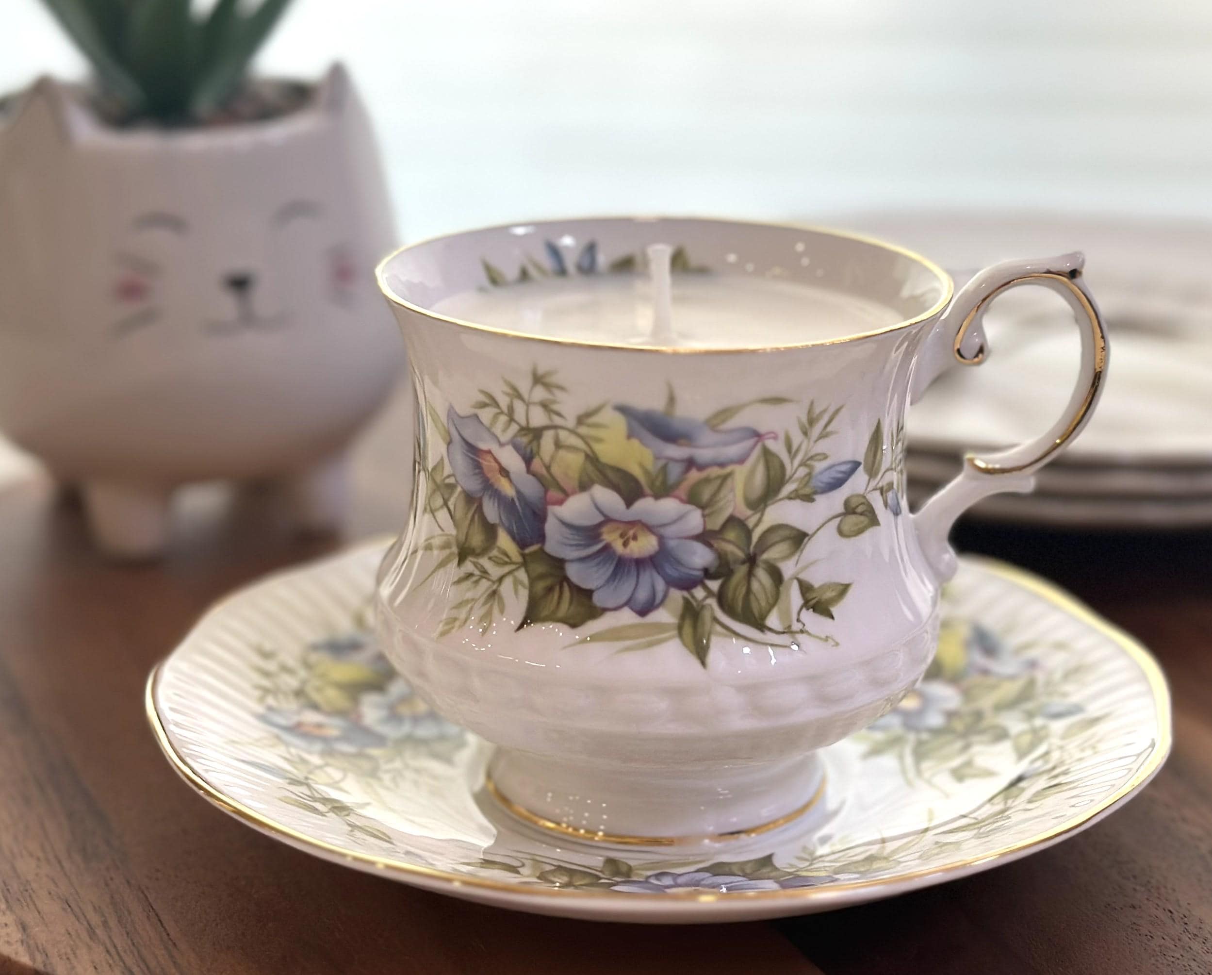 Vintage Queen’s Wild Flowers Teacup Soy Candle | Lavender Lemon | English Bone China with Matching Saucer | Unique Gift