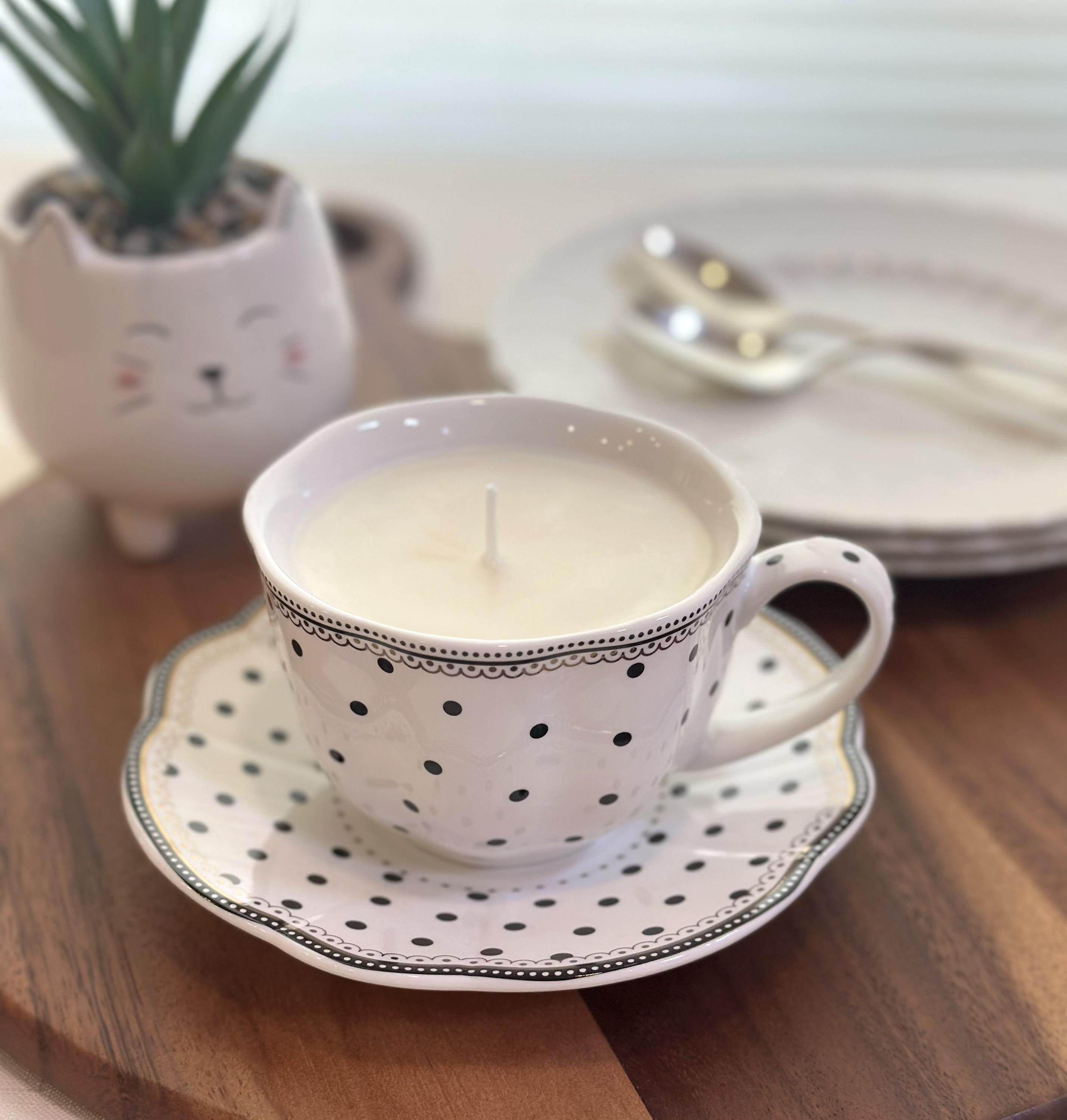 Grace Teaware Black Josephine Polka Dot Teacup Candle | Rose or Teakwood | Hand Poured Upcycled Candle with Matching Saucer| Unique Gift