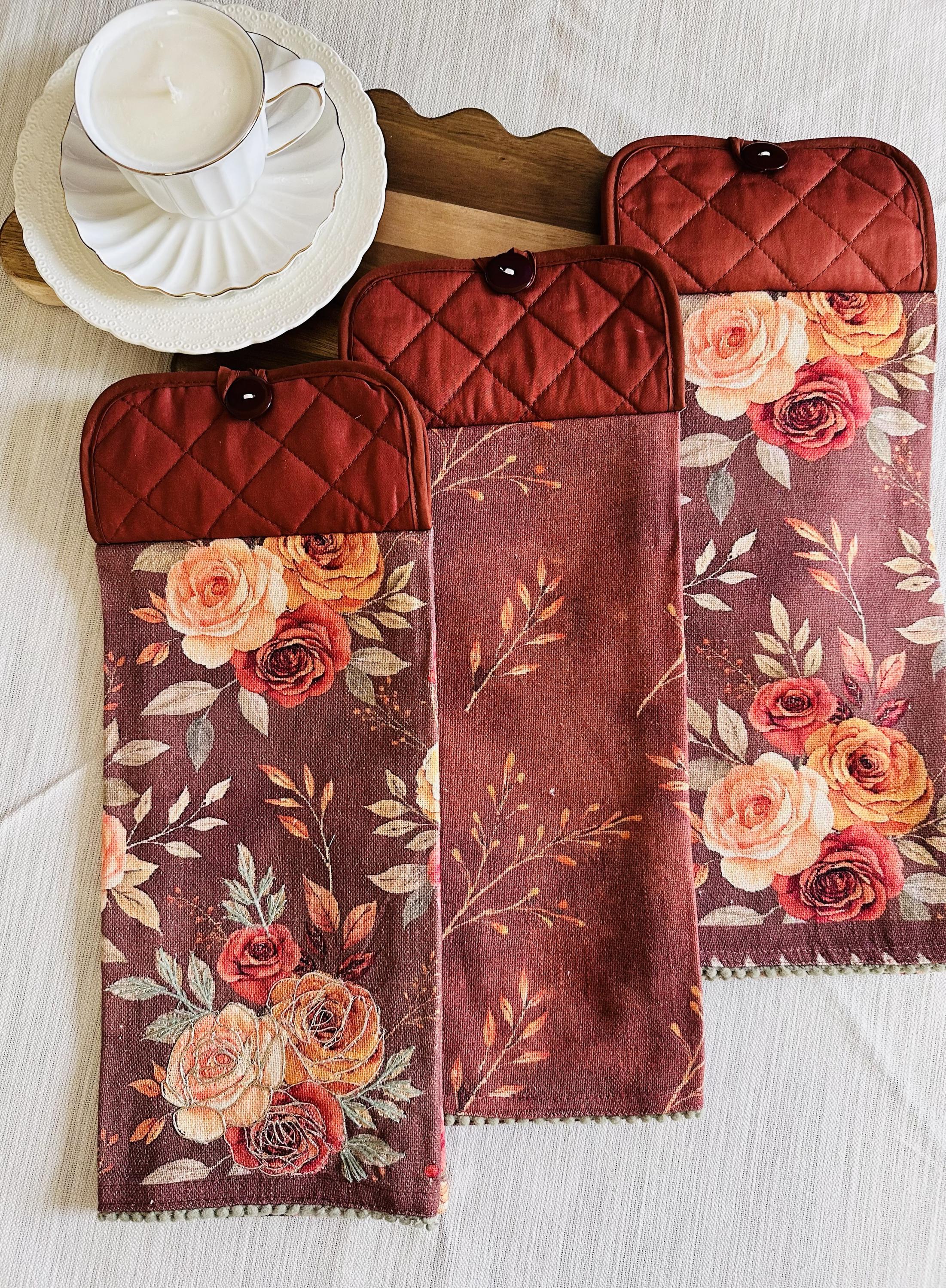 Fall Floral Hanging Kitchen Towel – Rust Rose Autumn Towels – Cottage Kitchen Decor – Thanksgiving Hostess Gift - Single or Coordinated Set
