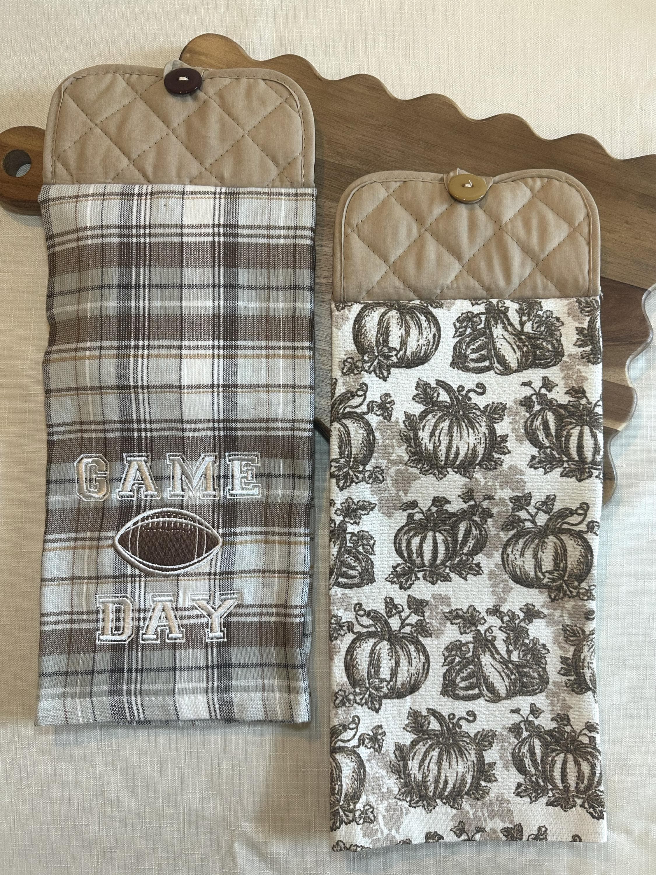 Hanging Pumpkin & Football Game Day Kitchen Towel Set – Fall Autumn Decor, Button Topper