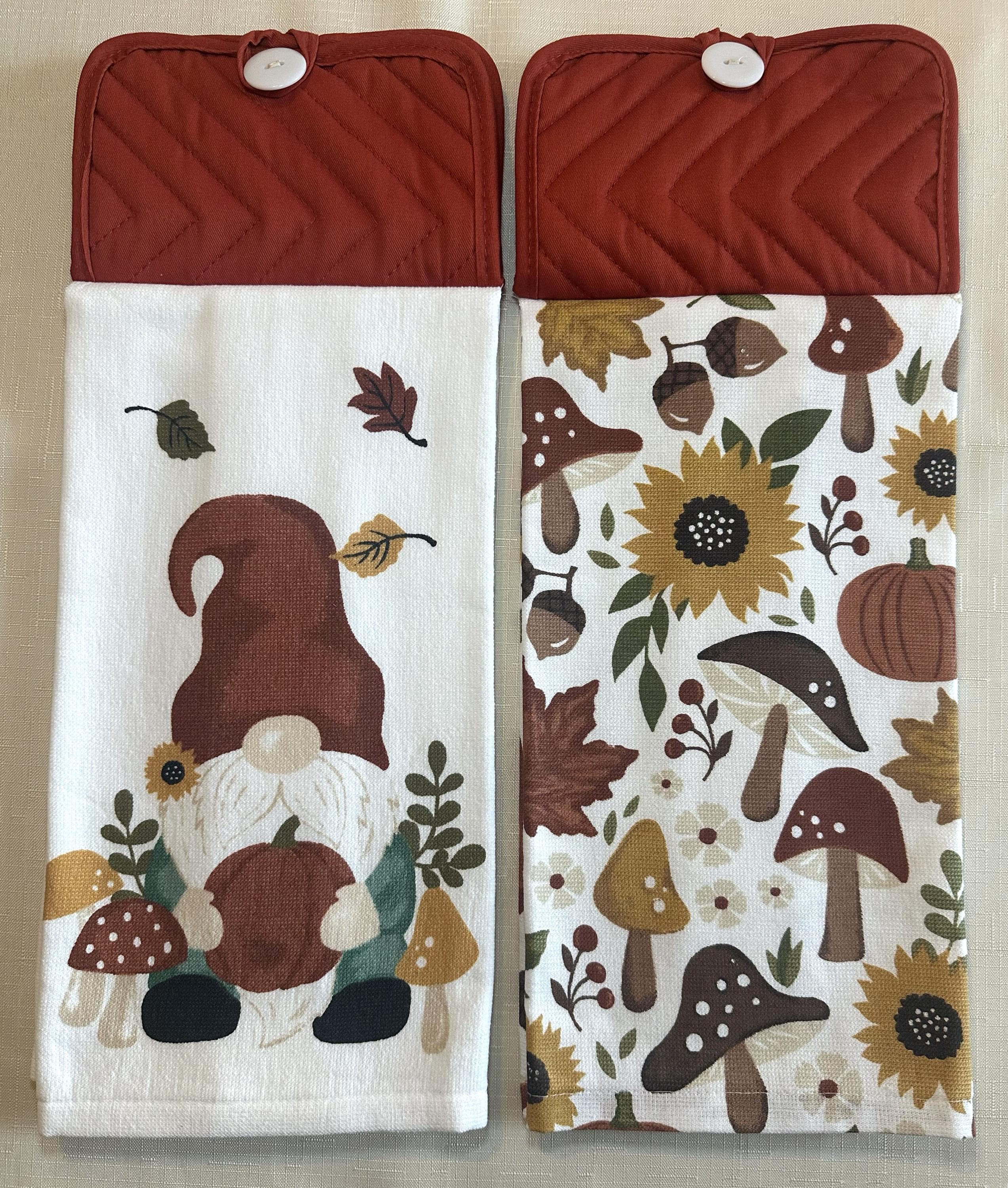 Fall Gnome Hanging Kitchen Towels, Woodland Harvest Dish Towels, Button Top Oven Door Decor, Thanksgiving Kitchen Gift - Single or Set