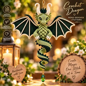 Virkad vindspinnare med drake i PDF-mönster, Amigurumi-spiralsvanshängande dekor, fantasiträdgårdsprydnad, medelnivå, 19-22 tum