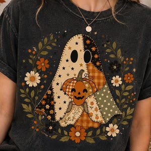Geist mit Blumenmuster und Kürbis (PNG), Retro-Geisthemd mit Karomuster (PNG), Preppy-Halloween-Motiv (PNG)