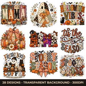 Op de afbeelding: Een verzameling van negen Halloween-thema grafische ontwerpen met pompoenen, spoken, katten en herfstbladeren. Tekst bevat MAMA, HALLOWEEN VIBES, tis the SEASON, FRESHLY BOO'D COFFEE, SPOOKY SEASON en just a SPOOKY GOOSE met diverse patronen.