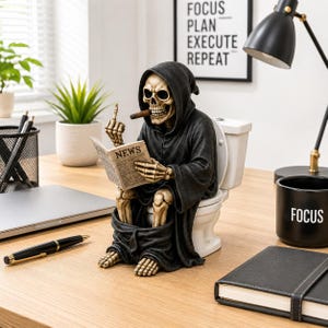 May include: A figurine of a skeleton wearing a black hooded robe, sitting on a white toilet while reading a newspaper titled NEWS and holding a cigar. The skeleton has one finger raised in a gesture, with detailed bone structure and dark fabric.