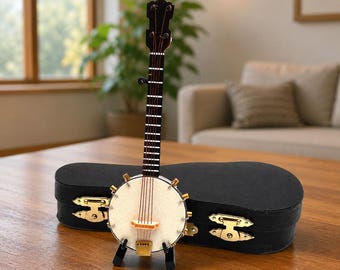 Miniature Wooden Banjo Model with Stand, Case, 1/6 Scale Action Figure Accessory