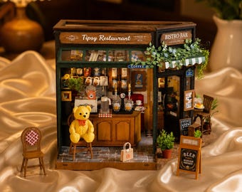 DIY Miniatur Restaurant House Kit, kleine Café Style Dollhouse Craft, Schreibtisch & Bücherregal Dekor, kreatives Geschenk für Jugendliche und Erwachsene