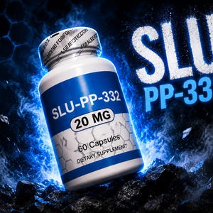 以下が含まれることがあります： SLU-PP-332サプリメントカプセルが入った白いプラスチックボトル。ラベルには青いアクセント、六角形のパターン、SLU-PP-332、20 MG、60 Capsulesという文字が記載されています。ボトルには改ざん防止シール付きの白いキャップが付いています。