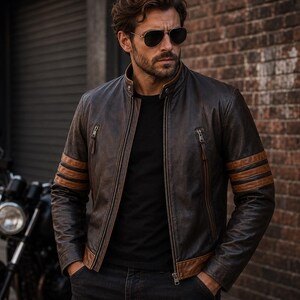 Può includere: Una giacca in pelle marrone scuro con colletto alla coreana, chiusura centrale con zip e due tasche verticali con zip sul petto. Le maniche sono decorate con due strisce orizzontali color cuoio e l'orlo è rifinito con una fascia in pelle.