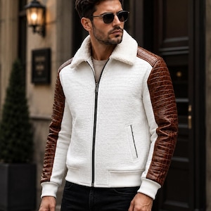 Men's Crocodile Embossed Leather Jacket, with Brown Sleeves & Shearling Jacket