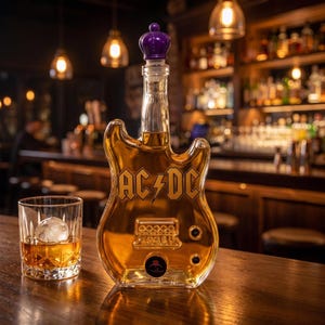 Electric Guitar Whiskey Decanter, Rock Music Gift, Purple Cap Glass Liquor Bottle, Unique Bar Decor for Guitarists & Rock Fans