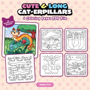 May include: A digital collection of 6 coloring pages titled CUTE & LONG CAT-ERPILLARS PDF File. The set includes one colored example of a long orange tabby cat on a leaf and five black and white line art illustrations featuring cats in various settings.