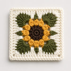 May include: A square crochet motif featuring a central dark brown circle surrounded by yellow sunflower petals, dark green leaf accents in the corners, and a cream-colored border. The design is worked in yarn with a visible textured stitch pattern.
