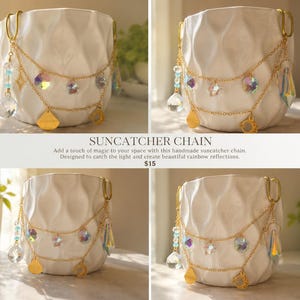 May include: A gold-toned metal chain suncatcher featuring two draped layers adorned with iridescent crystal charms, including stars, circles, and a teardrop shape, attached to a white ceramic planter with a textured, wavy surface.
