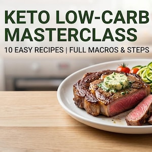 May include: A digital download titled KETO LOW-CARB MASTERCLASS with 11 pages of PDF and slides, featuring 10 easy recipes with full macros and steps. The image shows a white plate with a seared steak topped with herb butter and zucchini noodles.