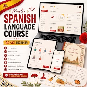 Op de afbeelding: Een Spaanse taalcursusset met een laptop, tablet en smartphone die educatieve software tonen, een spiraalgebonden werkboek getiteld Cuaderno de Ejercicios en een set geïllustreerde woordenschatkaarten met afbeeldingen zoals een gitaar en waaier.