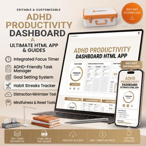 Könnte beinhalten: Ein ADHS-Produktivitäts-Dashboard auf einem Laptop- und Smartphone-Bildschirm. Die Benutzeroberfläche umfasst einen Fokus-Timer, eine Aufgabenverwaltung und einen Gewohnheits-Tracker. Der Text lautet ADHD PRODUCTIVITY DASHBOARD.