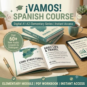 May include: A digital Spanish course set featuring two stacked books titled ESPAÑOL NIVEL 2, an open book with Core Structures and Daily Life & Travel lessons, a tablet displaying elementary exercises, a gold pen, and a green mug on a wooden surface.