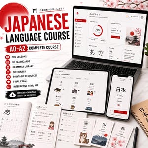 May include: A Japanese language course set featuring a laptop, tablet, and smartphone displaying educational software, alongside printed grammar notebooks, vocabulary lists, and illustrated flashcards with Japanese characters and English translations.