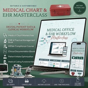Op de afbeelding: Een digitale medische kaart en EHR masterclass bundel met een laptop en smartphone die workflow graphics tonen, een rode EHBO-doos en iconen voor medische documentatie, HIPAA-compliance en klinisch databeheer.
