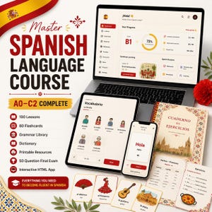 May include: A Spanish language course set featuring a laptop, tablet, and smartphone displaying educational software, a workbook titled Cuaderno de Ejercicios, and several illustrated vocabulary flashcards showing items like a fan, guitar, and dancer.