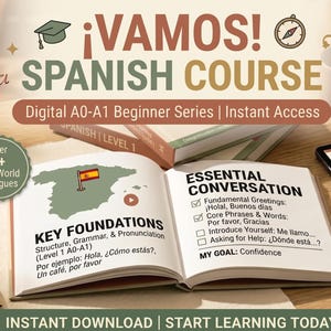 May include: A digital Spanish language course set featuring an open textbook titled Key Foundations with a map of Spain, a tablet displaying Module 1 lessons, a gold pen, and text overlays including ¡VAMOS! SPANISH COURSE and Digital A0-A1 Beginner Series.