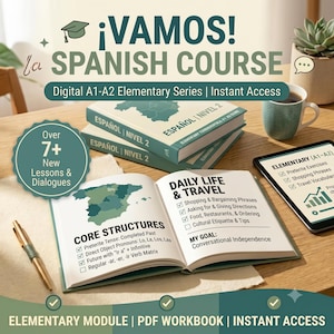 May include: A digital Spanish course set featuring two stacked books with teal covers, an open workbook displaying core structures and daily life travel topics, a tablet showing elementary exercises, a gold pen, and a mug on a wooden surface.