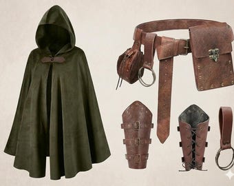 Ensemble pochette et cape à capuche médiévaux, cape en velours Renaissance, accessoires de costume viking, tenue festival GN
