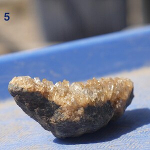 May include: A raw mineral specimen featuring a cluster of translucent, light amber-coloured crystals growing from a dark, textured, charcoal-grey rock base. The number 5 is printed in dark blue in the upper left corner of the image frame.
