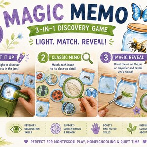 May include: Magic Memo 3-in-1 discovery game for kids ages 3-6 years old. Includes 32 pieces featuring insects in jars, a magnifying glass, and a brush. The game involves light, matching, and revealing hidden insects. Features educational icons.