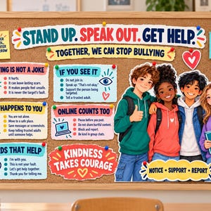 Può includere: Una bacheca in sughero con poster educativi contro il bullismo con il testo STAND UP. SPEAK OUT. GET HELP. TOGETHER, WE CAN STOP BULLYING. La bacheca mostra quattro giovani sorridenti e varie note colorate con consigli utili.