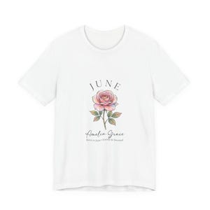 Camiseta June Rose, mês de nascimento | Aquarela botânica, nome personalizado