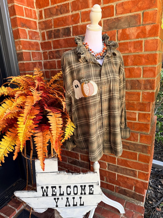 Reworked Mens XL Flannel Shirt Upcycled Ghost Pumpkin Applique Plaid Fall Top