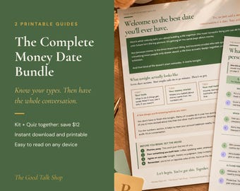 Paquete completo para citas sobre dinero: Kit para parejas, cuestionario de personalidad y tarjetas, descarga en PDF imprimible.