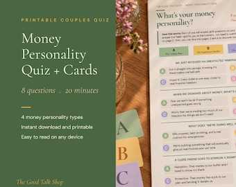 Test de personalidad financiera + Tarjetas: Iniciador de conversaciones financieras imprimible para parejas, descarga instantánea en PDF.