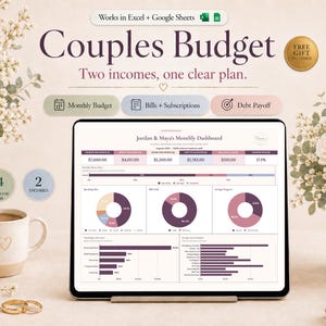 Couples Budget Spreadsheet for Google Sheets and Excel, Shared Bills, Debt, Savings