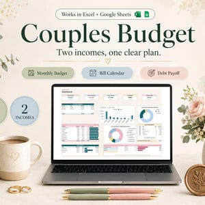 Couples Budget Spreadsheet Template | Google Sheets Bill Tracker, Debt Payoff Planner, Savings Calculator | Excel Download