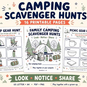 Puede incluir: Un conjunto de 16 páginas imprimibles tituladas Camping Scavenger Hunts con ilustraciones de tiendas de campaña, mochilas, linternas y equipo de camping. Las páginas incluyen listas de verificación para búsquedas con textos.