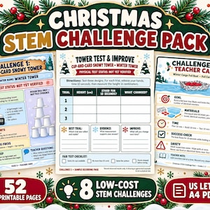 Christmas STEM Challenge Pack Printable, 52 Pages, 8 Engineering Activities, Grades 1–3