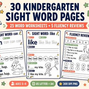 Puede incluir: Un conjunto de 30 páginas de palabras visuales para jardín de infantes con 25 hojas de trabajo y 5 revisiones de fluidez. Las páginas incluyen ejercicios de calco, escritura y lectura con ilustraciones de un conejo y un niño con cometa.