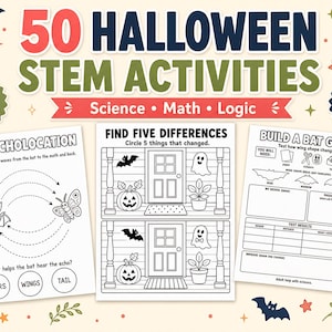 May include: A collection of 50 Halloween STEM activities in PDF and PNG formats for ages 5-8. The set includes worksheets titled Bat Echolocation, Find Five Differences, and Build a Bat Glider, featuring black and white illustrations of bats, ghosts, and pumpkins.