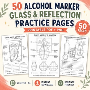 Puede incluir: Un conjunto de 50 páginas de práctica de marcadores de alcohol sobre vidrio y reflejos en formatos PDF y PNG imprimibles. Las páginas presentan ilustraciones de líneas de vasos, jarrones y cucharas con guías de texto para sombrear y renderizar.