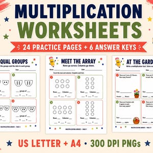 Puede incluir: Un conjunto de hojas de trabajo de multiplicación con 24 páginas de práctica y 6 claves de respuestas. El documento incluye secciones tituladas Equal Groups, Meet the Array y At the Garden, con ilustraciones de lápices, estrellas y problemas.