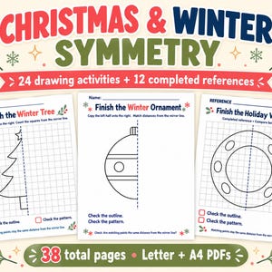May include: A set of 38 printable activity pages titled Christmas & Winter Symmetry, featuring 24 drawing exercises and 12 completed references. Each page includes a grid for completing half of a winter-themed drawing like a tree, ornament, or wreath.