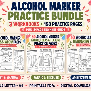 以下が含まれることがあります： アルコールマーカー練習用バンドル。3冊のワークブック、150ページの練習用ページ、8ページの初心者向けガイドが含まれています。光と影、布地、質感、建築レンダリングの練習ができる印刷可能なPDF形式のセットです。