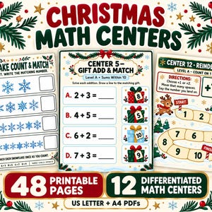Può includere: Un set di schede didattiche di matematica a tema natalizio con tre pagine di attività. Le pagine includono Snowflake Count & Match, Center 5 Gift Add & Match e Center 12 Reindeer Race. Il design presenta grafiche festive di agrifoglio, fiocchi e renne.